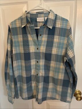 Alfred Dunner Teal and Cream Plaid Button-Down Shirt